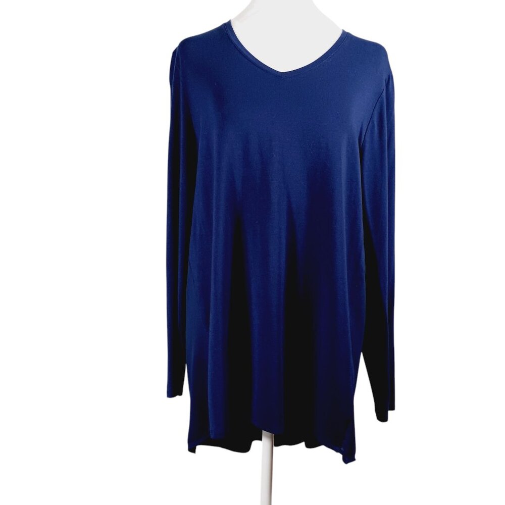 Chico's Navy Top Small, Mixed Media, Gorgeous Draped Back, High Low, Long Sleeve - Picture 4 of 14